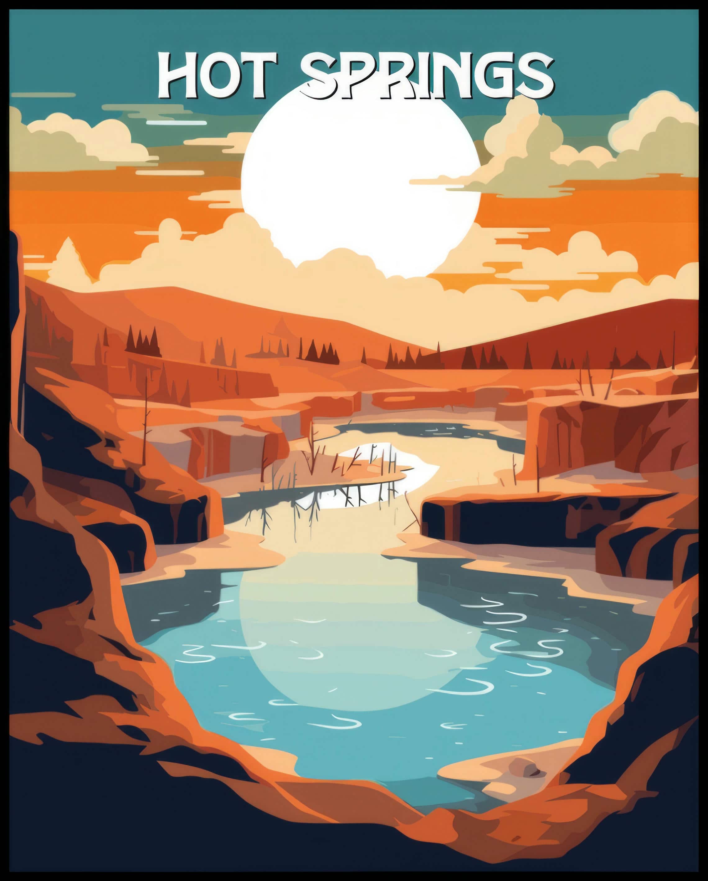 Ein Poster des Hot Springs Nationalparks, das eine heiße Quelle in einer weiten, hügeligen Landschaft bei Sonnenuntergang zeigt.