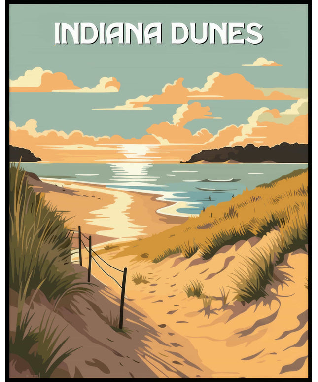 Ein Poster vom Indiana Dunes Nationalpark mit einer Küstenlandschaft, Sanddünen und einem wunderschönen Sonnenuntergang.