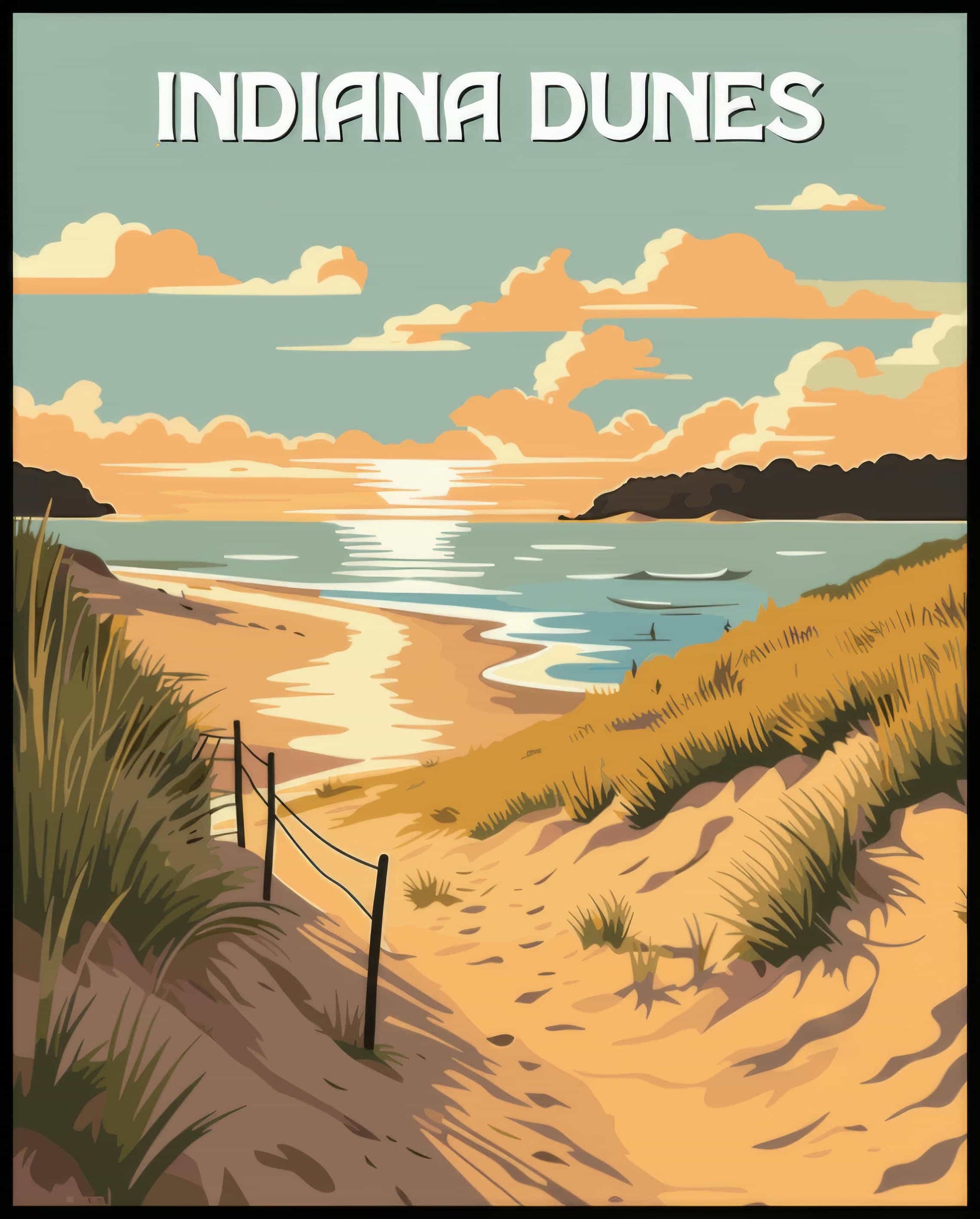 Ein Poster vom Indiana Dunes Nationalpark mit einer Küstenlandschaft, Sanddünen und einem wunderschönen Sonnenuntergang.