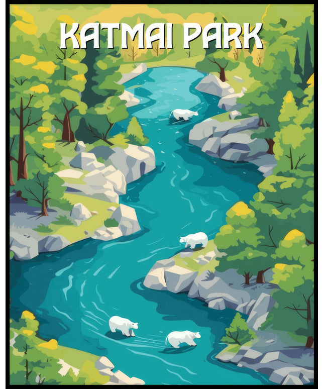 Ein Poster vom Katmai Nationalpark, das einen Fluss zeigt, der von grüner Vegetation umgeben ist und weiße Bären, die im Wasser spielen.