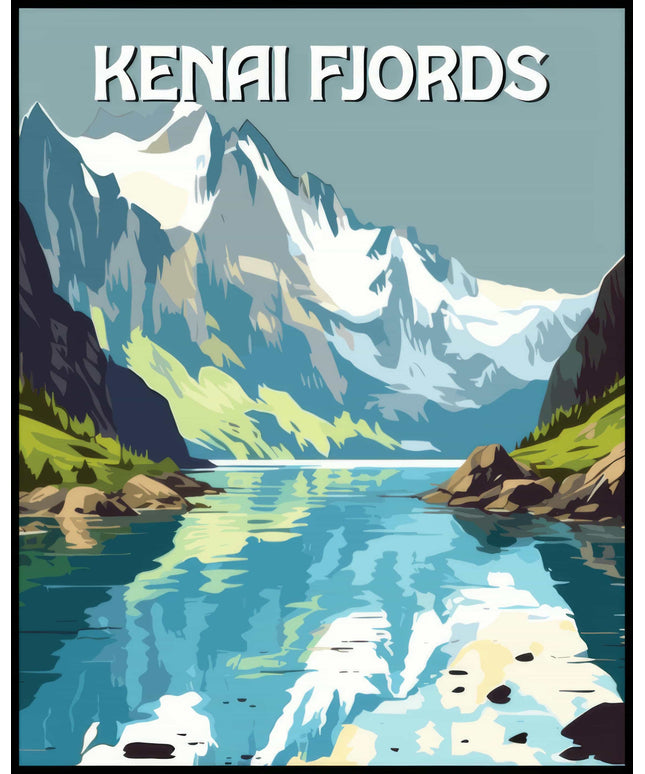Ein Poster mit einem malerischen Blick auf die Kenai Fjorde, geprägt von schneebedeckten Bergen und einem ruhigen, spiegelnden Wasser.