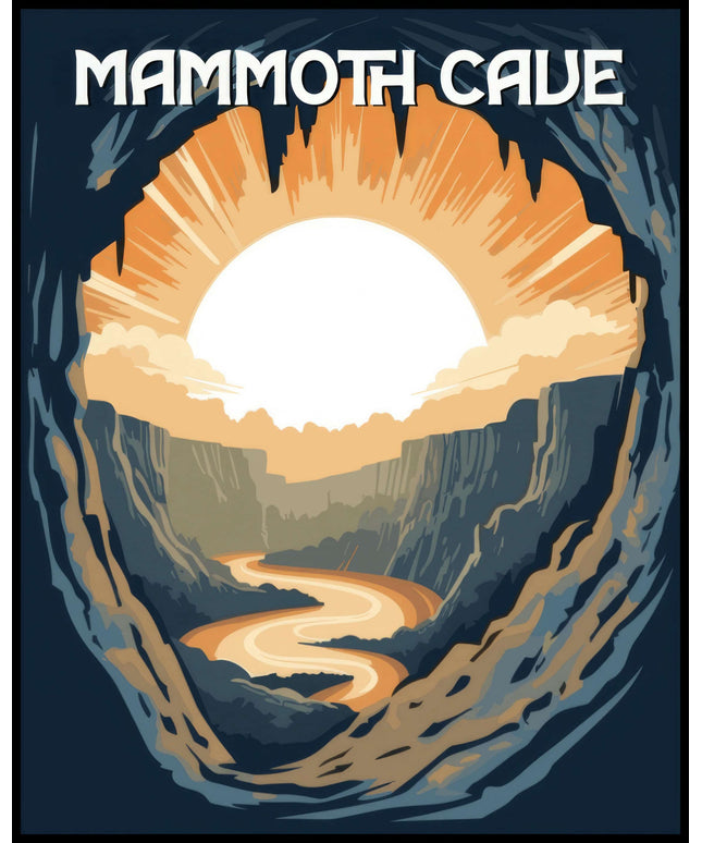 Ein Poster von einer großen Höhle mit einem Fluss, der sich in die Ferne windet, und einem Sonnenuntergang im Hintergrund.