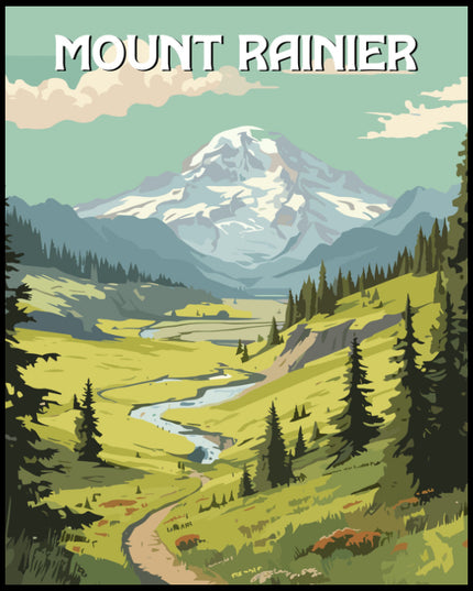 Ein Poster vom Mount Rainier Nationalpark mit einem majestätischen Berg, grünen Wiesen und einem schlängelnden Fluss.