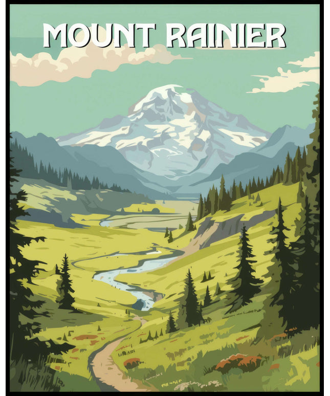 Ein Poster vom Mount Rainier Nationalpark mit einem majestätischen Berg, grünen Wiesen und einem schlängelnden Fluss.