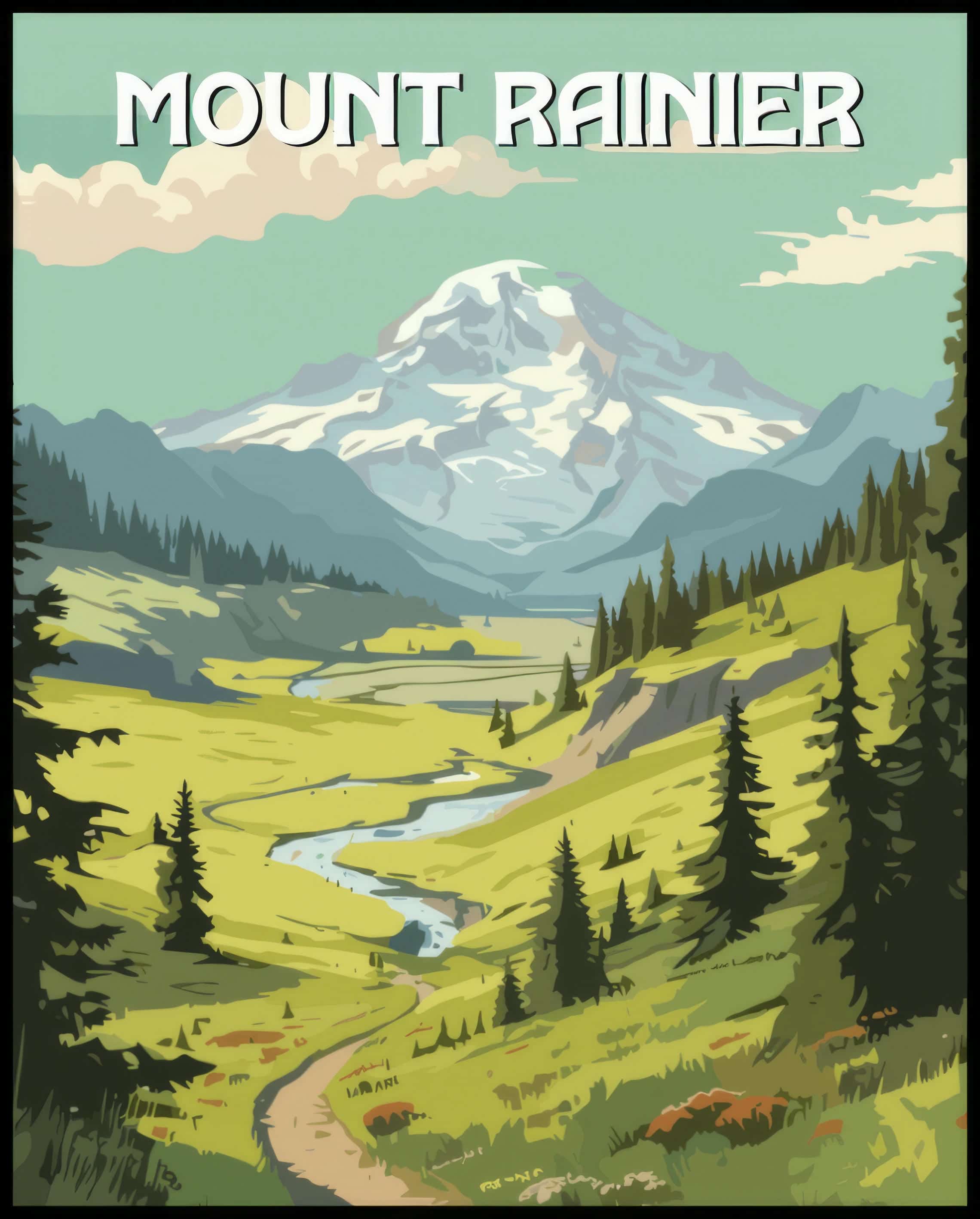 Ein Poster vom Mount Rainier Nationalpark mit einem majestätischen Berg, grünen Wiesen und einem schlängelnden Fluss.