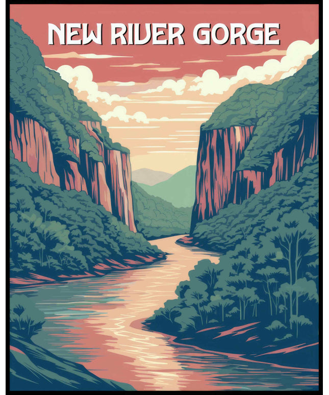 Ein Poster von einer beeindruckenden Flusslandschaft im New River Gorge-Nationalpark, umgeben von hohen Klippen und dichter Vegetation.