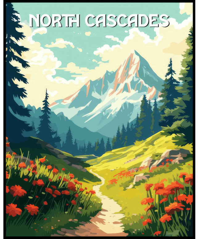 Ein Poster von einer malerischen Berglandschaft im North Cascades-Nationalpark, mit einem Wanderweg und bunten Blumen im Vordergrund.