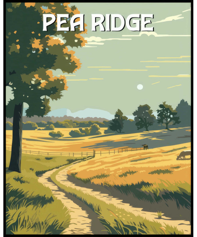 Ein Poster vom Pea Ridge Nationalpark zeigt einen ländlichen Pfad, der sich durch eine sonnige Wiese schlängelt.