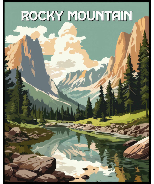 Ein Poster vom Rocky Mountains Nationalpark zeigt majestätische Berge und einen ruhigen Fluss.
