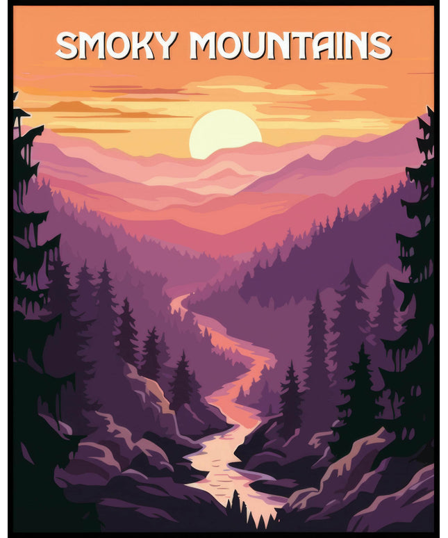 Ein Poster des Smoky Mountains Nationalparks, das eine malerische Berglandschaft bei Sonnenuntergang mit einem sich windenden Fluss darstellt.