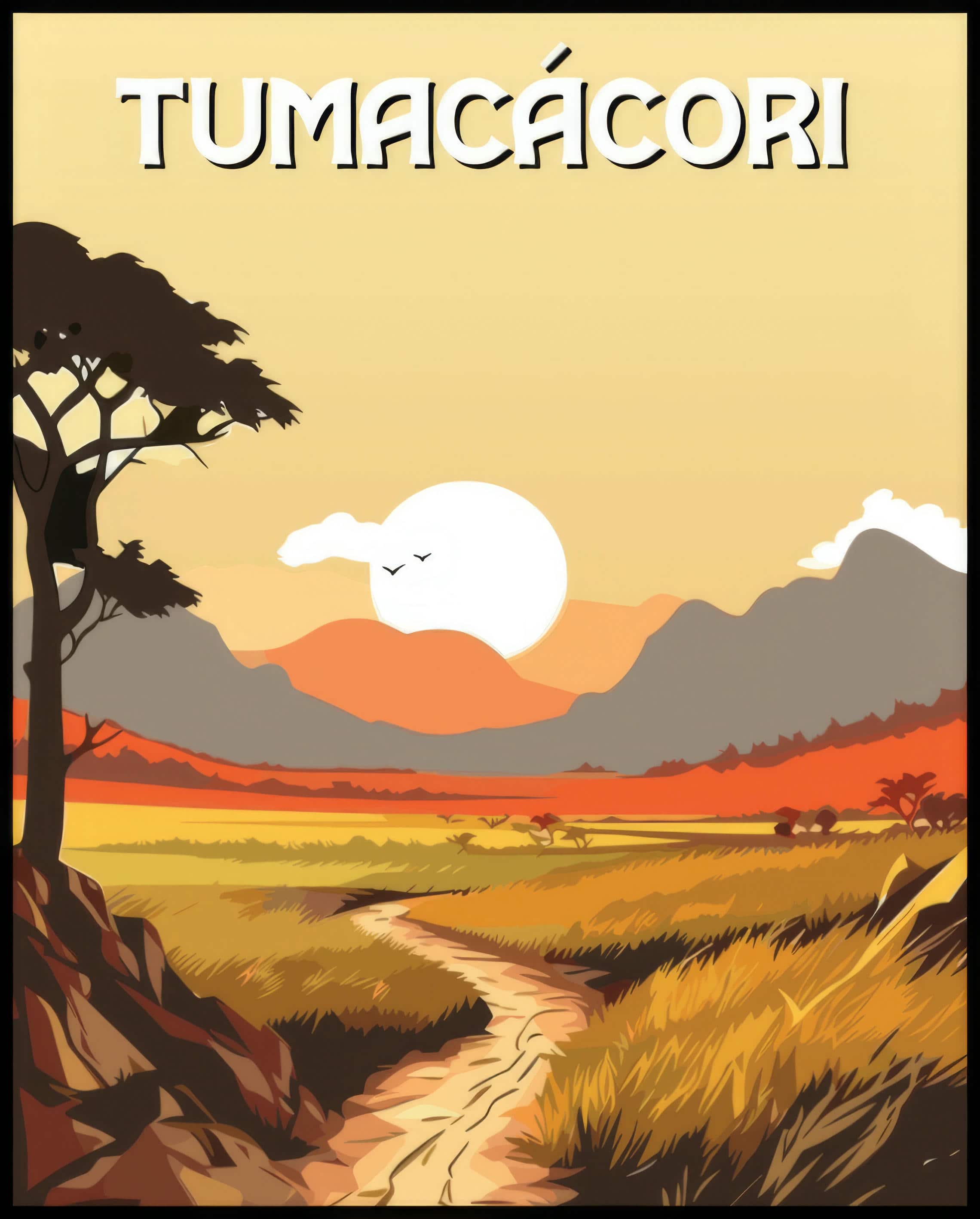 Ein Poster des Tumacácori Nationalparks, das eine weite, sonnige Landschaft mit einem geschwungenen Pfad und Bergen im Hintergrund zeigt.