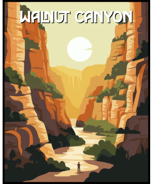 Ein Poster des Walnut Canyon Nationalparks, das eine enge Schlucht mit steilen Felswänden und einem Wanderer im Vordergrund zeigt.