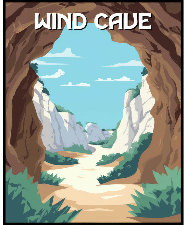 Ein Poster des Wind Cave Nationalparks, das eine Höhlenöffnung zeigt, durch die man eine weite, helle Landschaft sehen kann.
