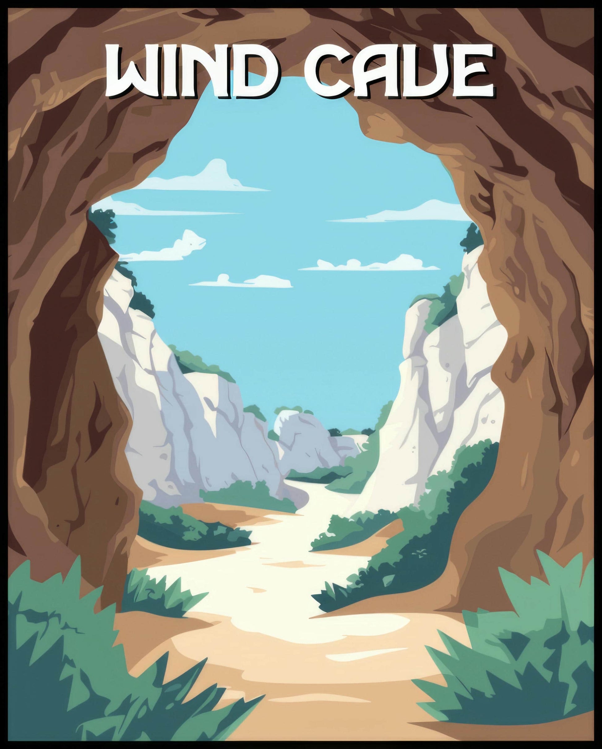Ein Poster des Wind Cave Nationalparks, das eine Höhlenöffnung zeigt, durch die man eine weite, helle Landschaft sehen kann.