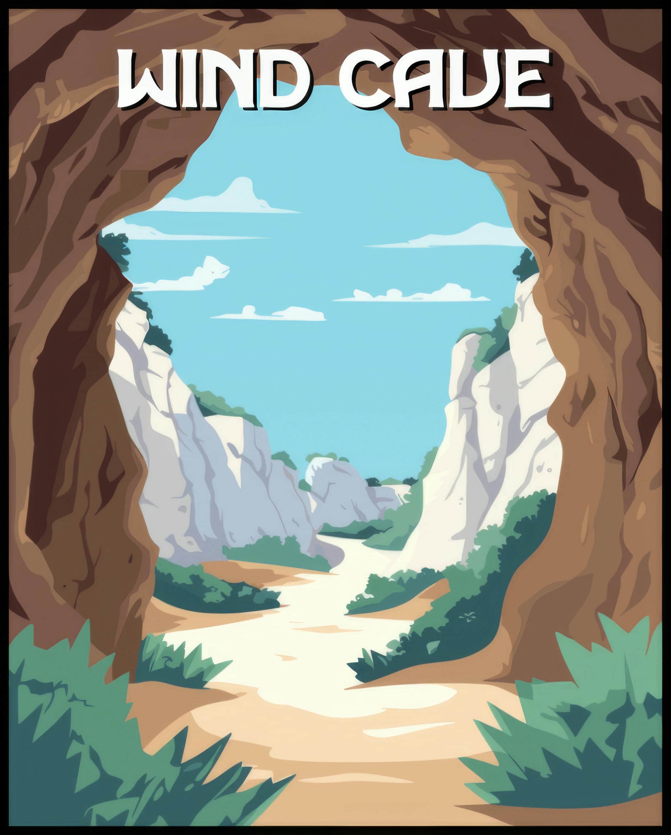 Ein Poster des Wind Cave Nationalparks, das eine Höhlenöffnung zeigt, durch die man eine weite, helle Landschaft sehen kann.