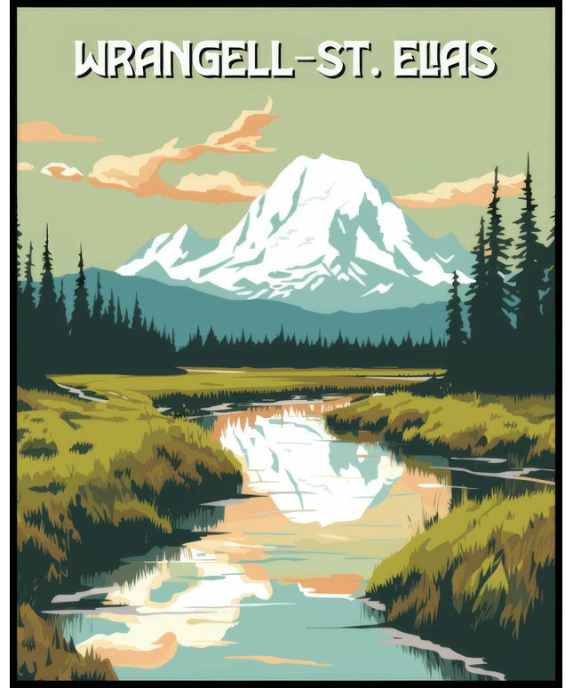 Ein Poster vom Wrangell-St. Elias Nationalpark mit schneebedeckten Bergen und einem ruhigen Fluss im Vordergrund.