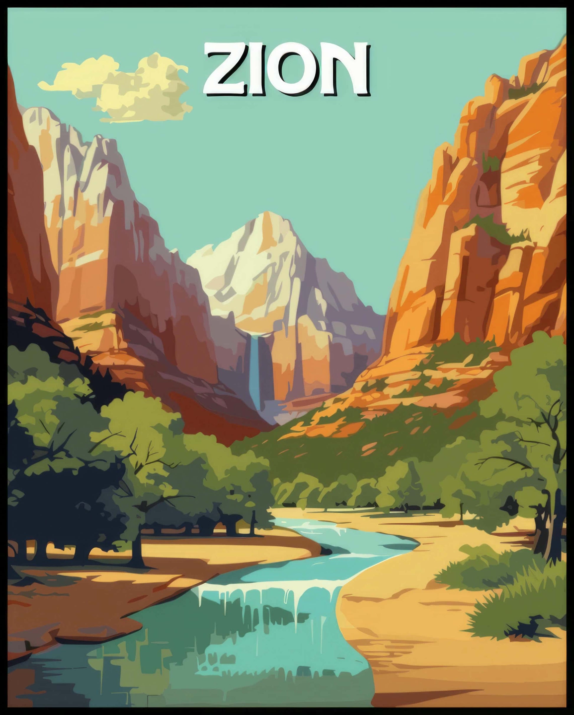 Ein Poster vom Zion Nationalpark mit hohen, roten Felsen und einem klaren Fluss, der durch das Tal fließt.