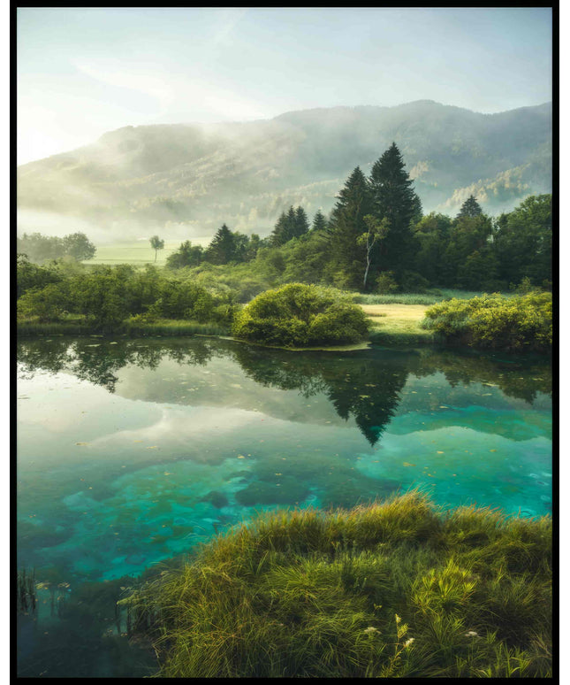 Ein Poster von einem See der von Büschen, Bäumen, Strand und Bergen umgeben ist.