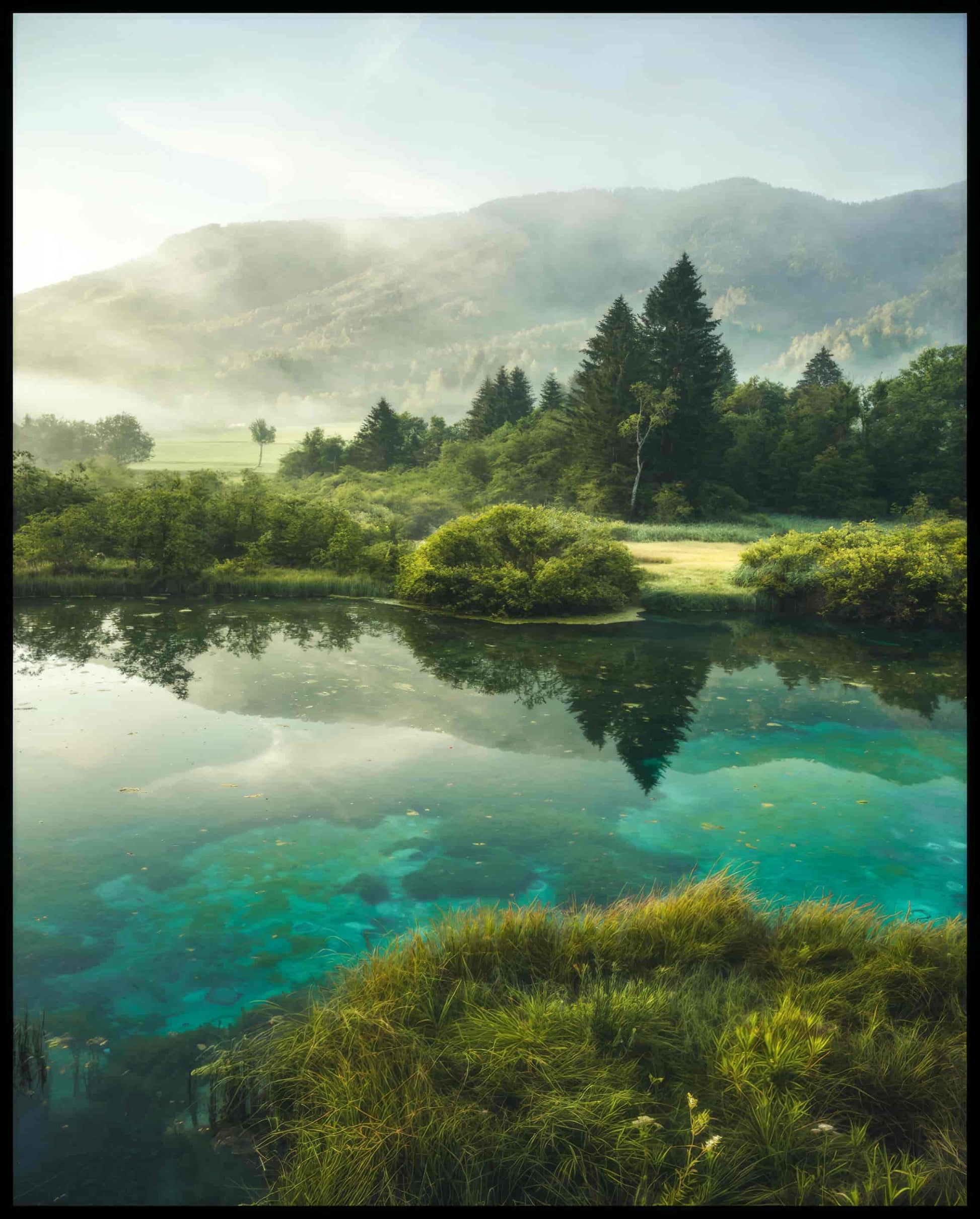 Ein Poster von einem See der von Büschen, Bäumen, Strand und Bergen umgeben ist.