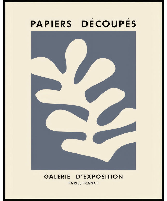 Ein Poster von einer abstrakten Illustration eines weißen Pflanzenmotivs auf einem blauen Hintergrund.