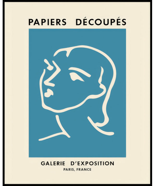 Ein Poster von einer weiße Linienzeichnung eines Profils auf blauem Hintergrund.