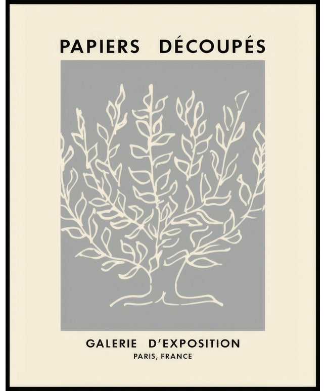 Ein Poster von einer weißen Pflanzenillustration auf grauem Hintergrund.