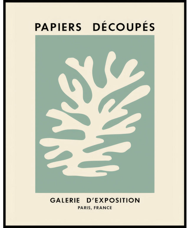 Ein Poster von einer abstrakten Illustration eines weißen Pflanzenmotivs auf einem grünen Hintergrund.