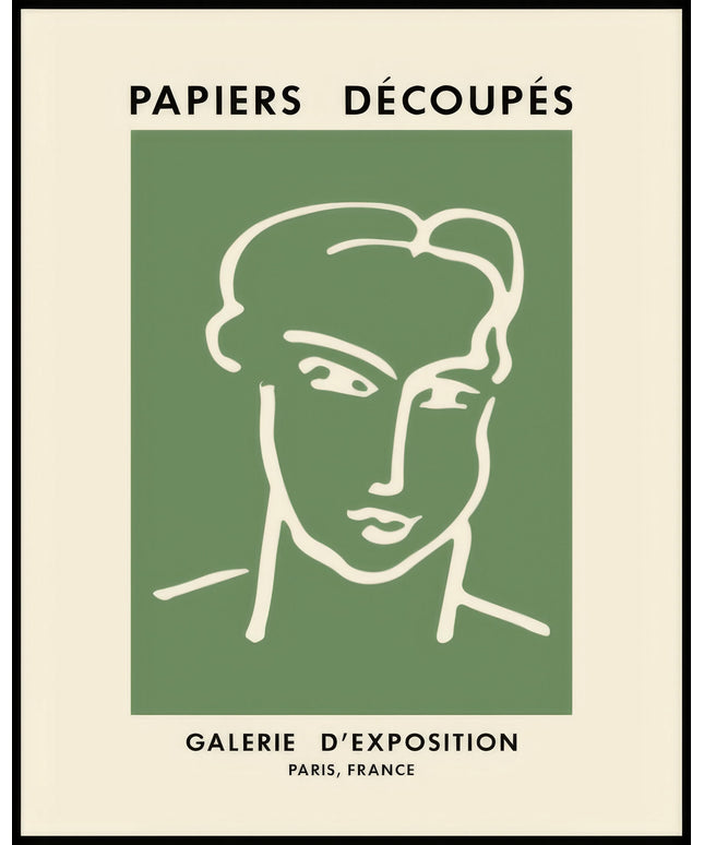 Ein Poster von einer minimalistischen Zeichnung eines Gesichts in weiß auf einem grünen Hintergrund.