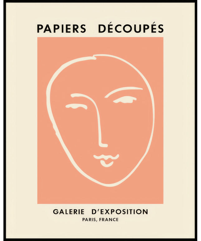 Ein Poster von einer minimalistische Zeichnung eines Gesichts in weiß auf einem orangefarbenen Hintergrund.