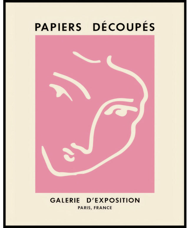 Ein Poster mit einem abstrakten Gesicht aus weißen Linien auf rosa Hintergrund.