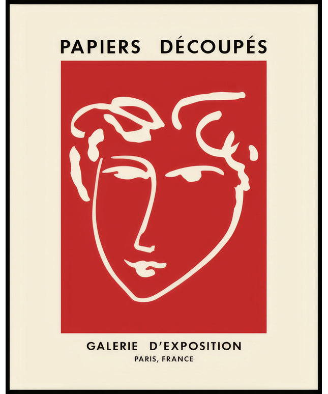 Ein Poster von einer weißen Linienzeichnung eines Gesichts auf rotem Untergrund.