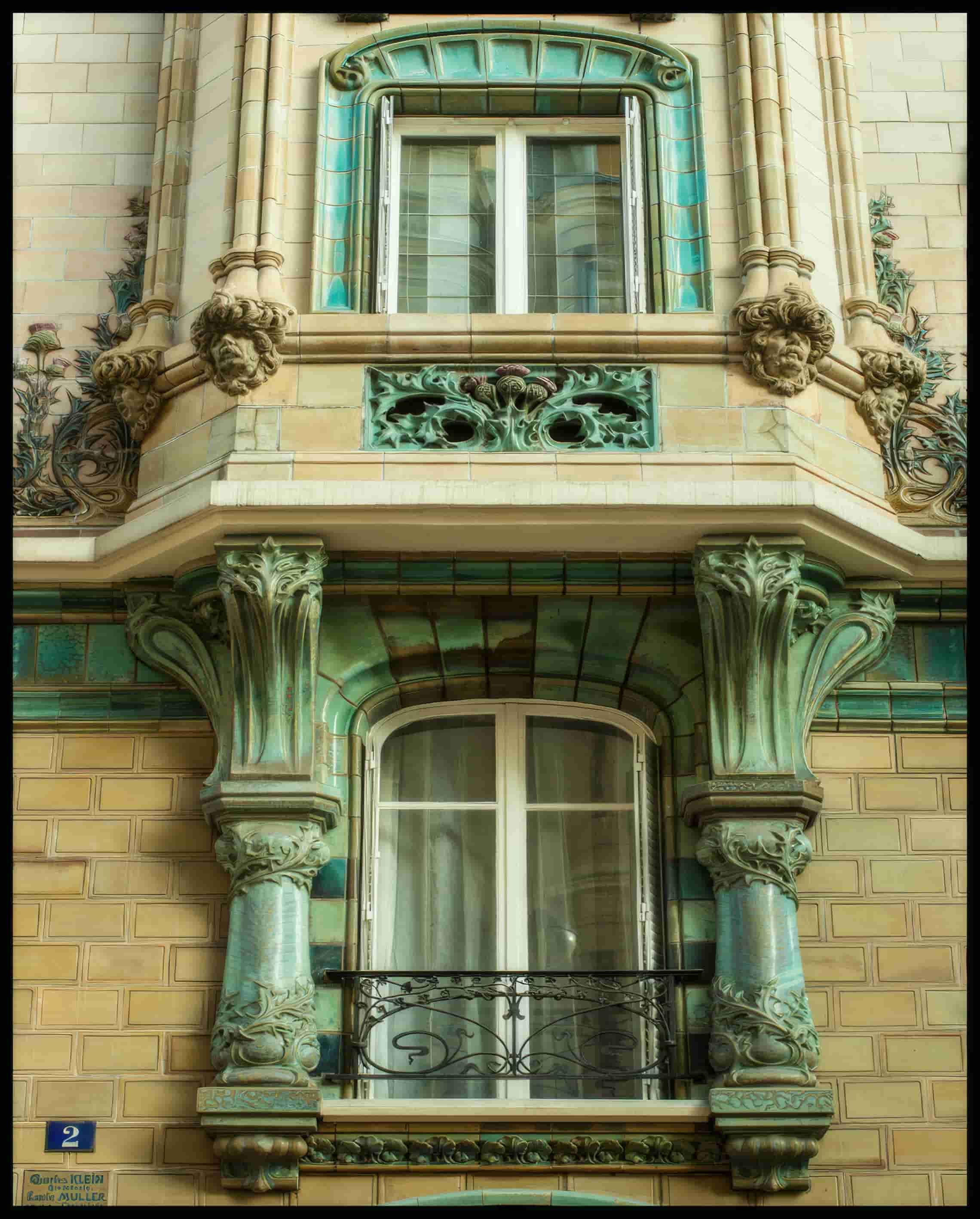 Ein Poster von einer grünlich, beigen Häuserfassade aus Stein mit Balkon und Verzierungen.