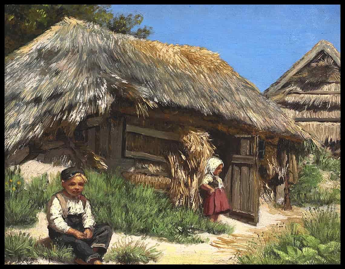 Et straatækket Hus. Sommerdag med varm blaa Luft