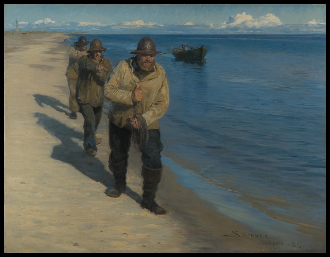Three Fishermen Pulling a Boat
