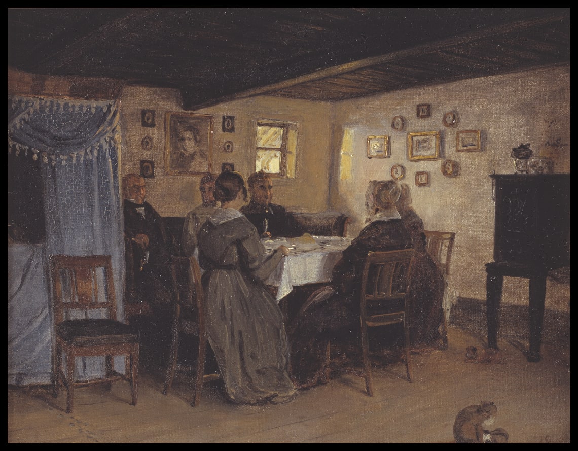Les amis et la famille de l'artiste assis autour d'une table. Vejby, Zélande du Nord