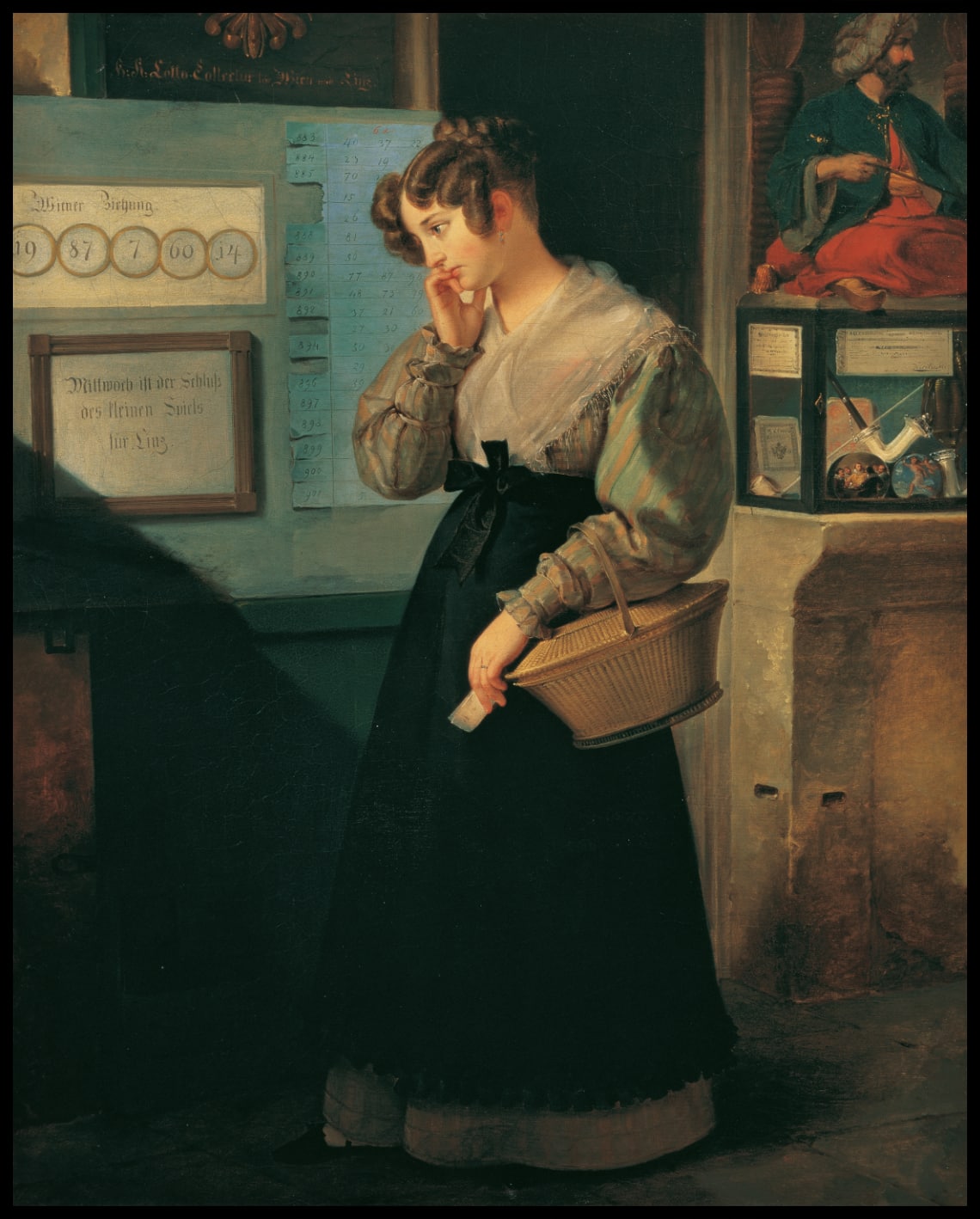 Girl in front of the lottery fabric