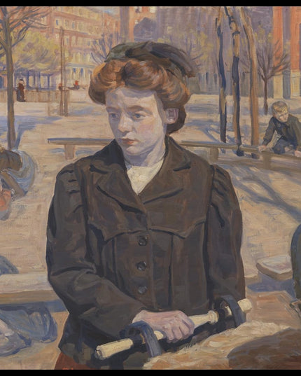 Spring. Young girl with a pram