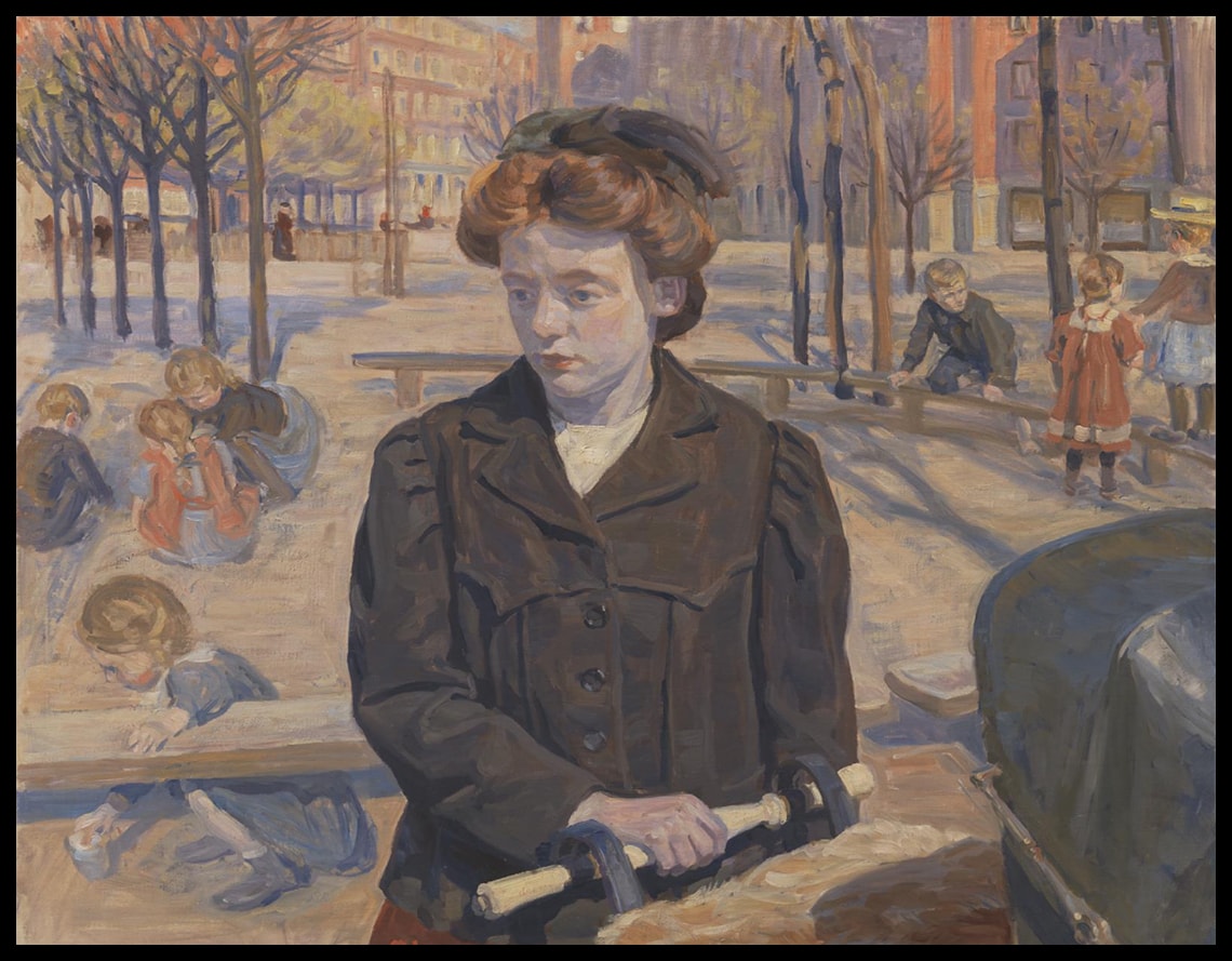 Spring. Young girl with a pram