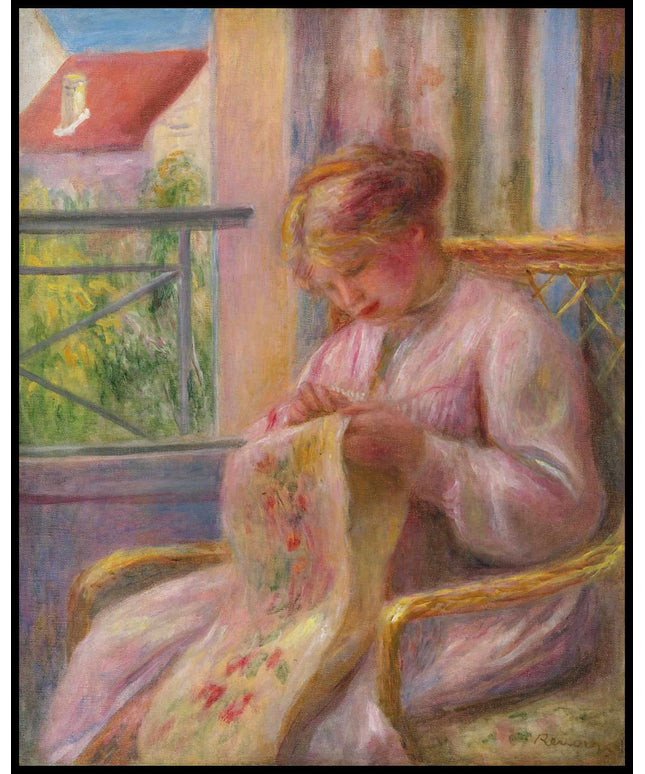 Jeune femme brodant à la fenêtre