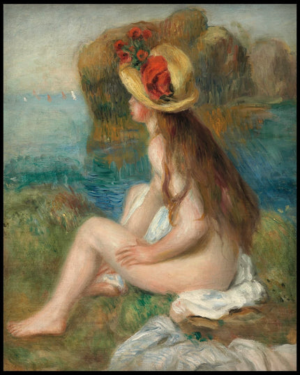 Nu au chapeau de paille assis en bordure de mer