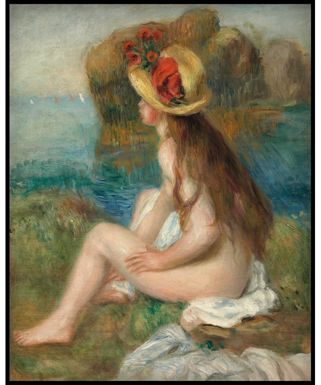 Nu au chapeau de paille assis en bordure de mer