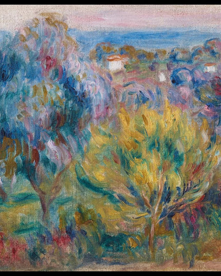 Paysage, arbre jaune au premier plan et fond de mer dans le Midi