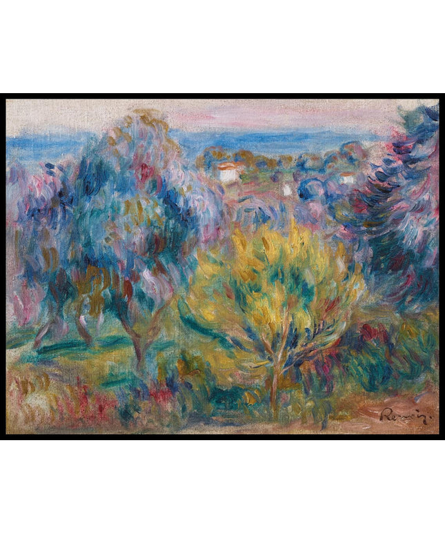 Paysage, arbre jaune au premier plan et fond de mer dans le Midi