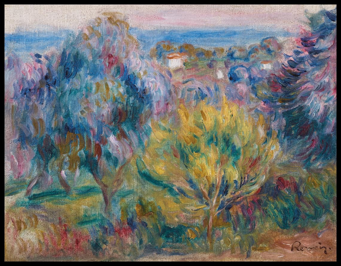 Paysage, arbre jaune au premier plan et fond de mer dans le Midi