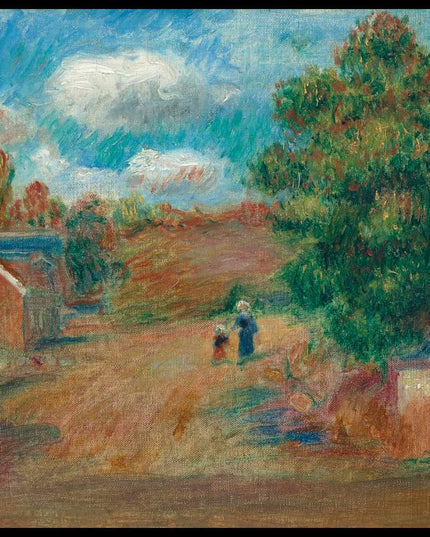 Paysage, entrée de village avec femme et enfant
