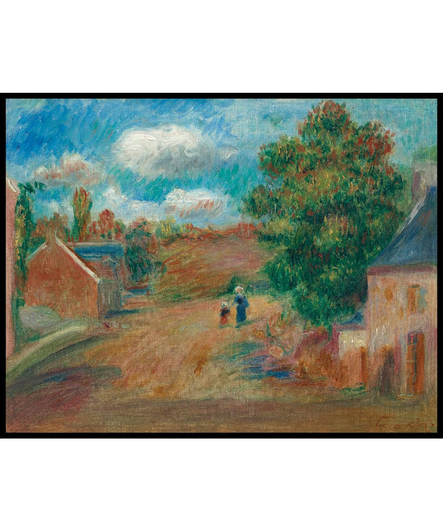 Paysage, entrée de village avec femme et enfant
