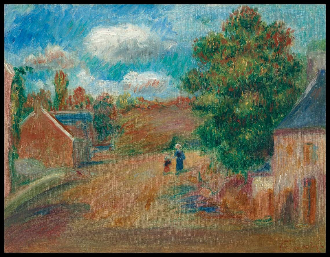 Paysage, entrée de village avec femme et enfant