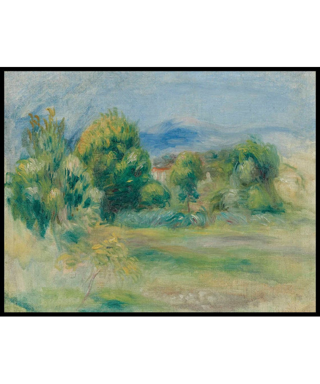 Pré et maisons derrière les arbres