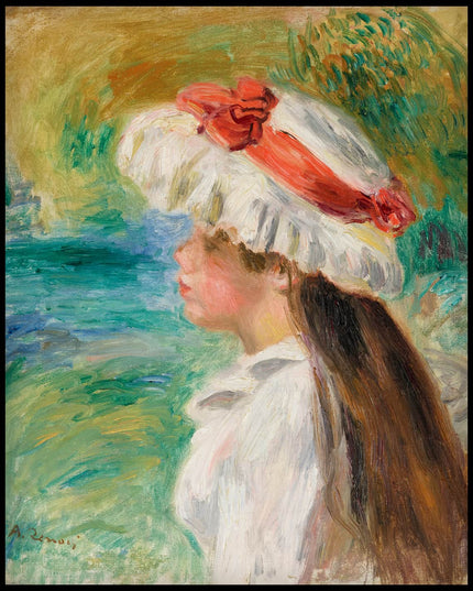 Tête de jeune fille coiffée d'un chapeau de jardin