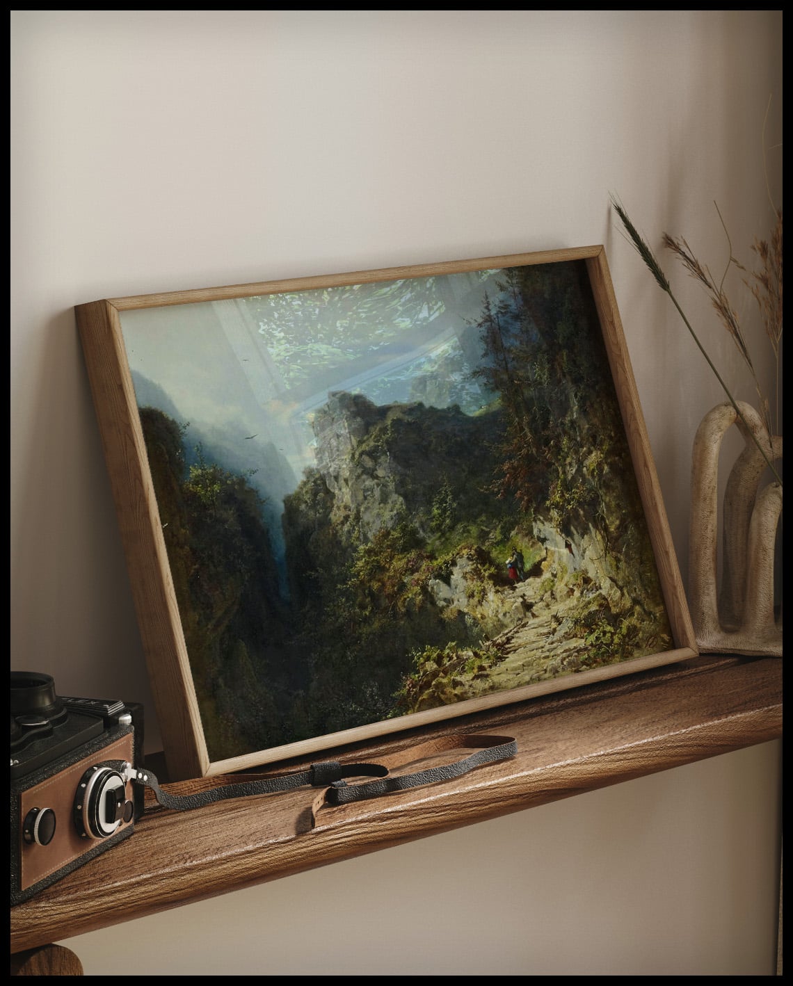 Paysage de montagne avec couple d'amoureux (chasseur et jeune fille)